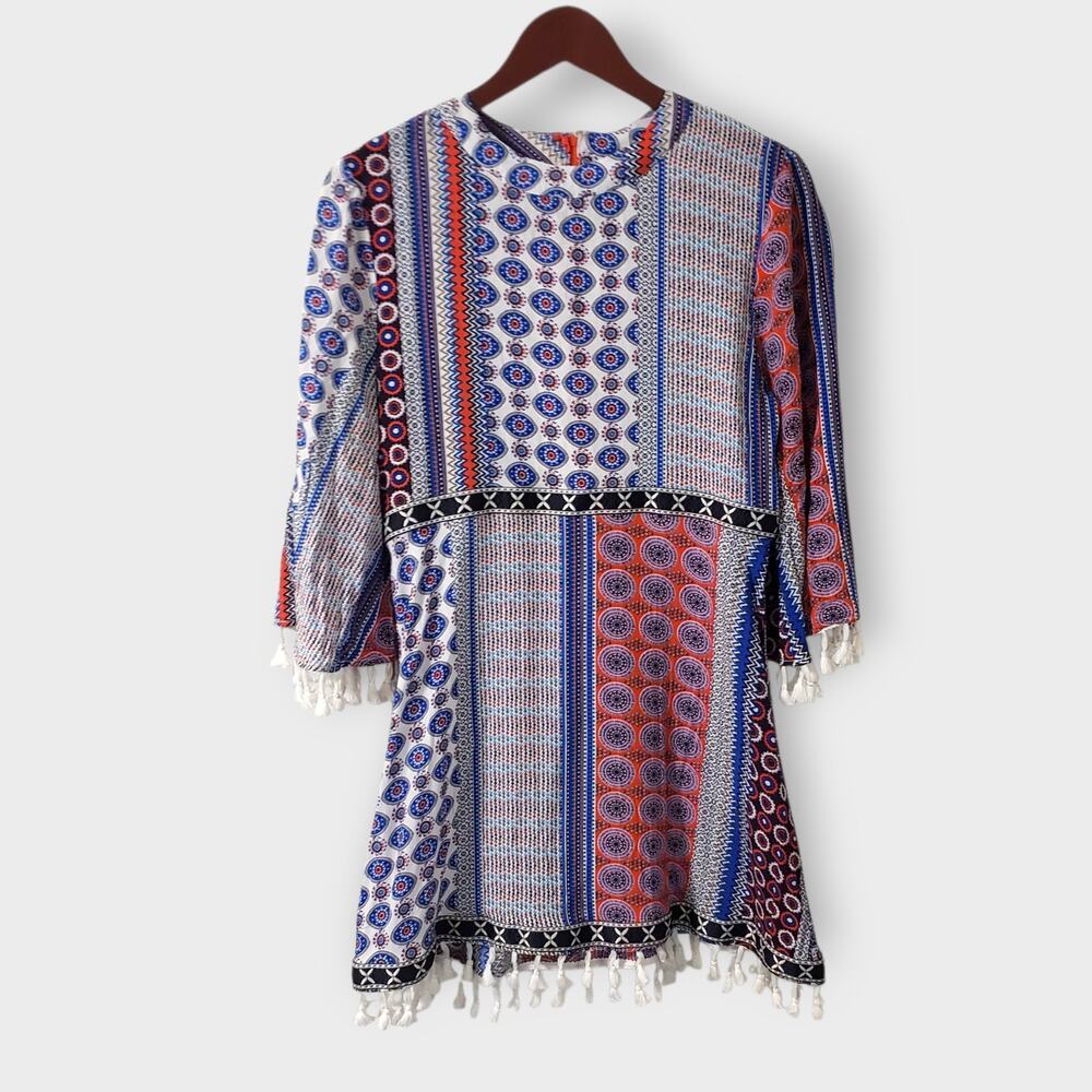 Valija Medallion Print‎ Patchwork Flare Sleeve Mini Dress Medium Multicolor Boho